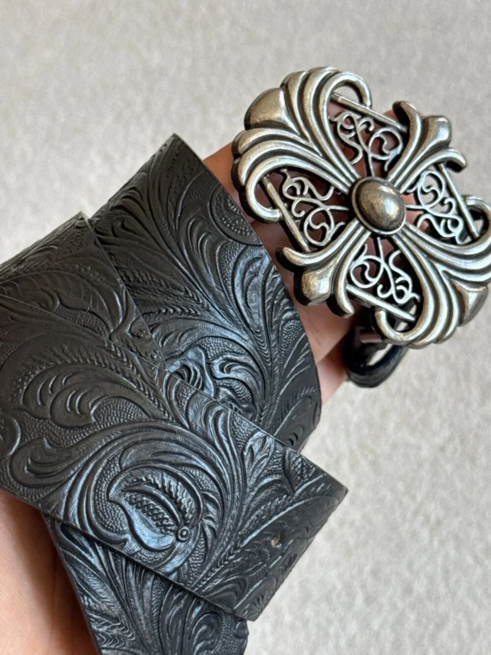 Black Floral Embossed Filigree Belt